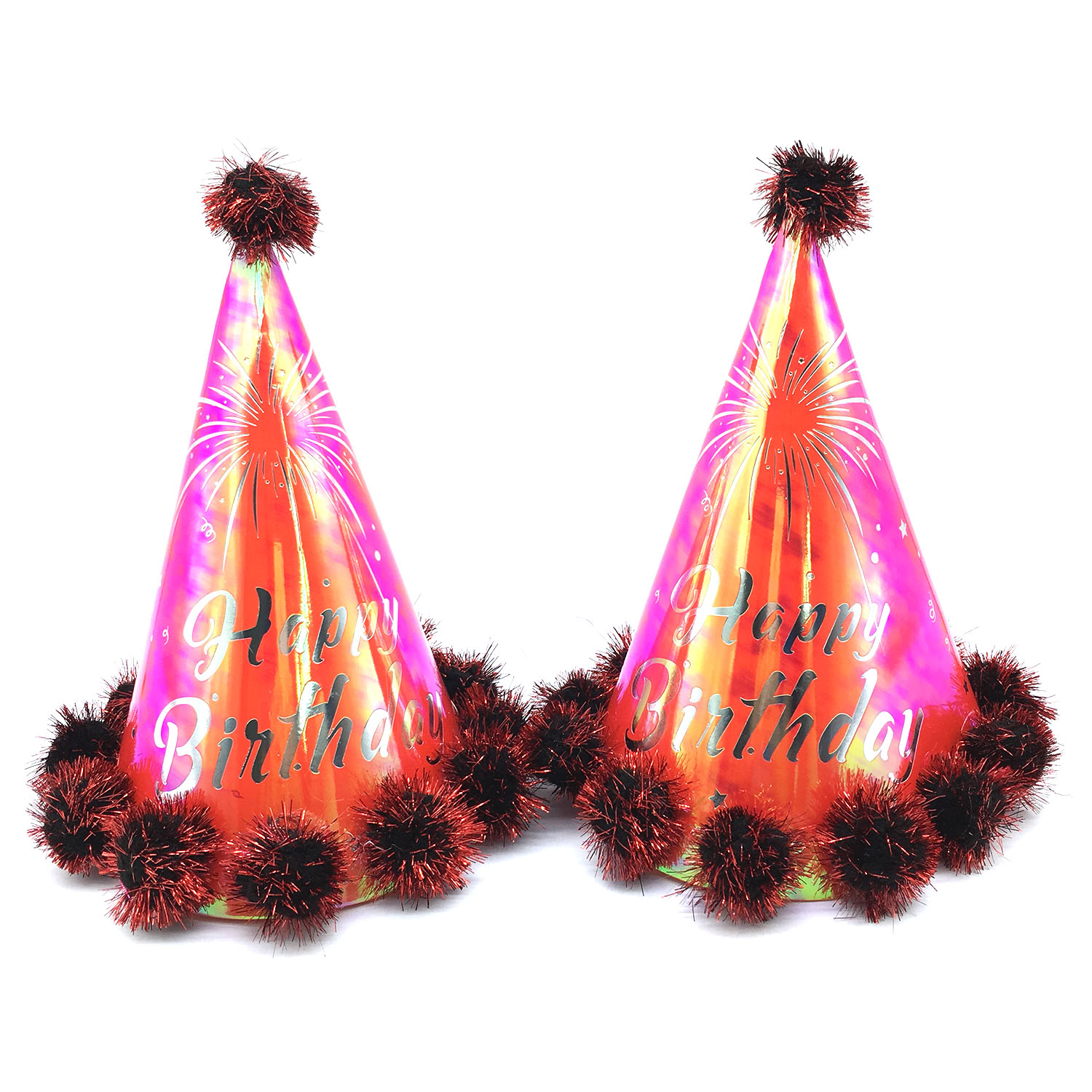 HB Iridescent Party Hats with Pompoms 24cm (happy birthday)