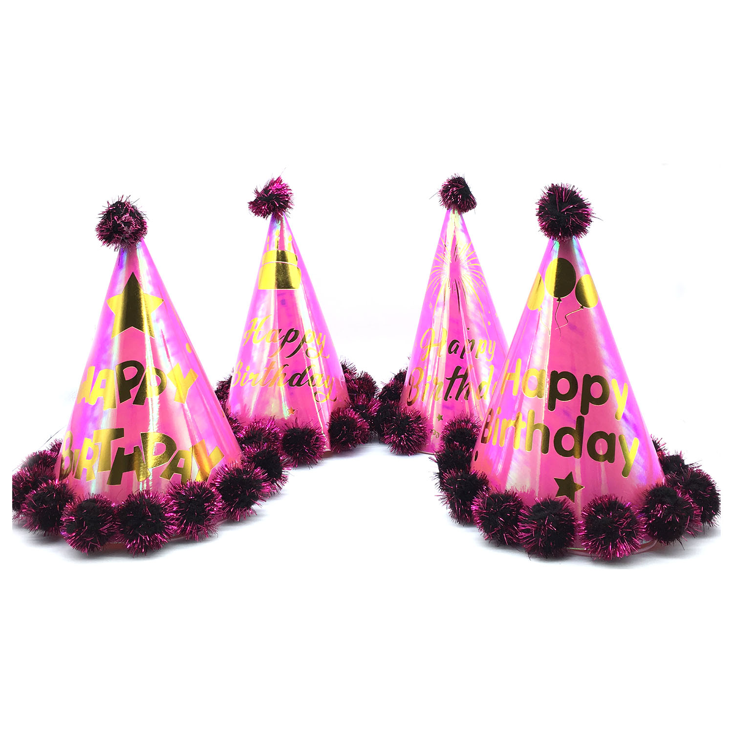 HB Iridescent Party Hats with Pompoms 24cm (happy birthday)