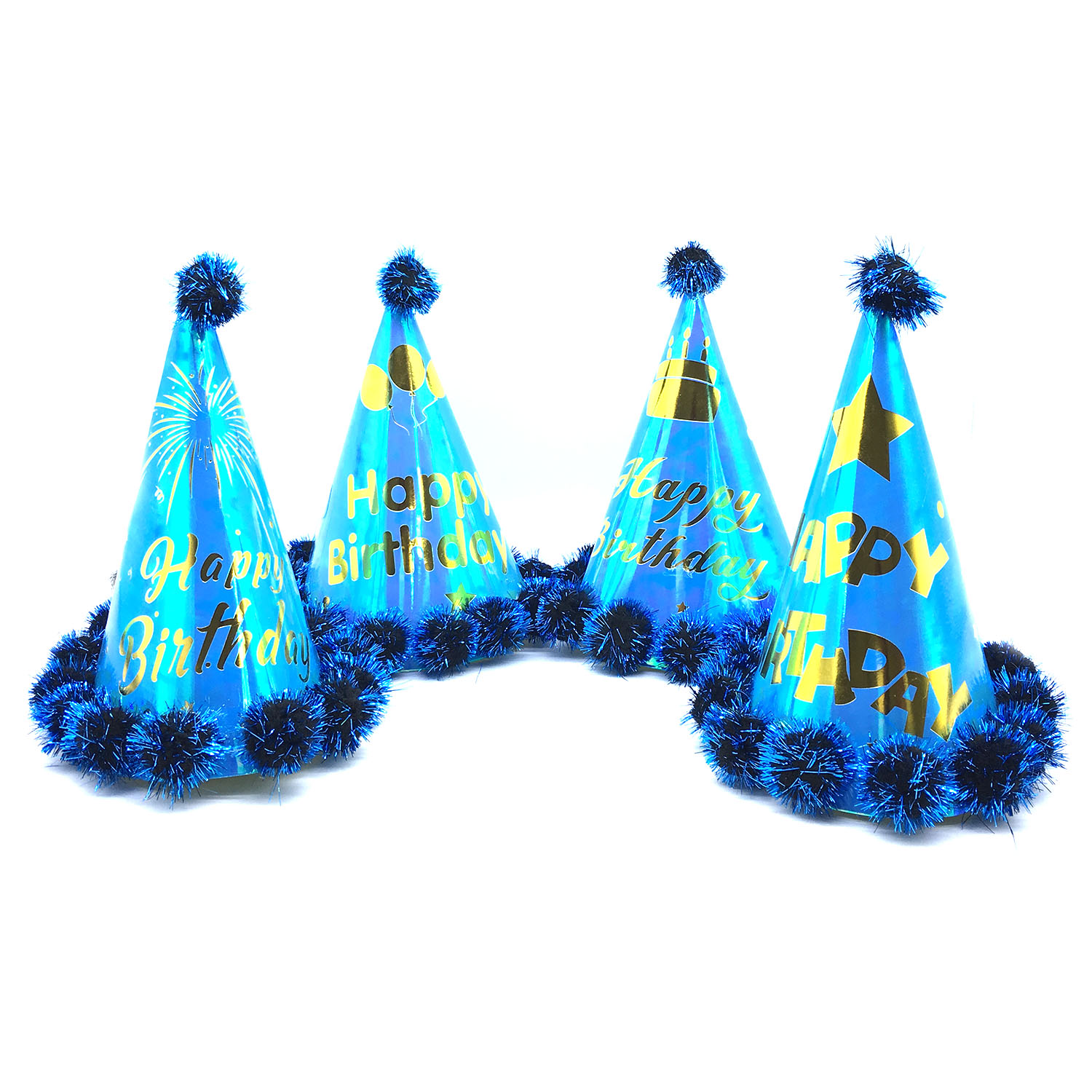 HB Iridescent Party Hats with Pompoms 24cm (happy birthday)